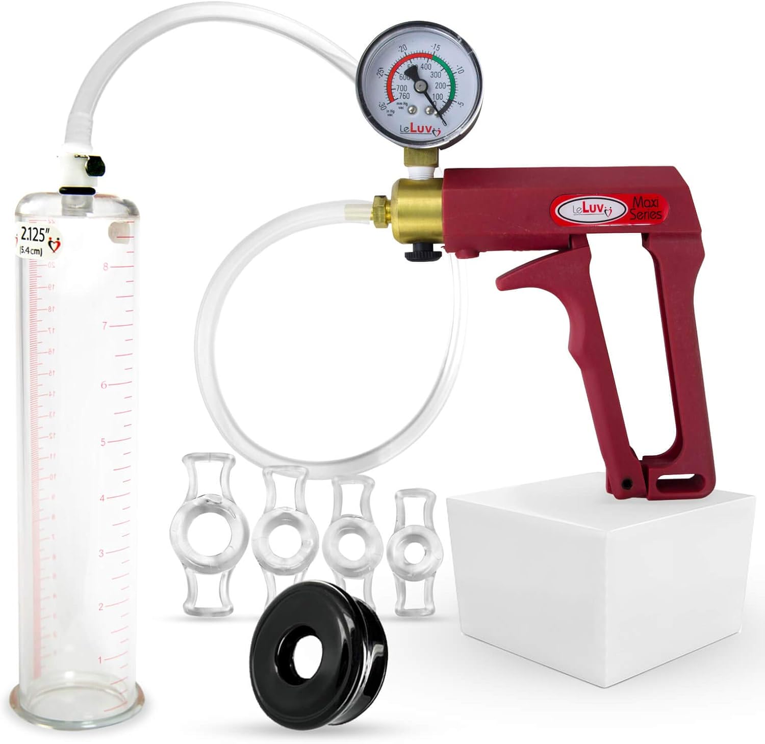 LeLuv Penis Pump Maxi Black Handle Installed Gauge - Bundle with Clear Hose, Vacuum Seal and 4 Sizes of Constriction Rings - 9 inch x 1.75 inch Cylinder