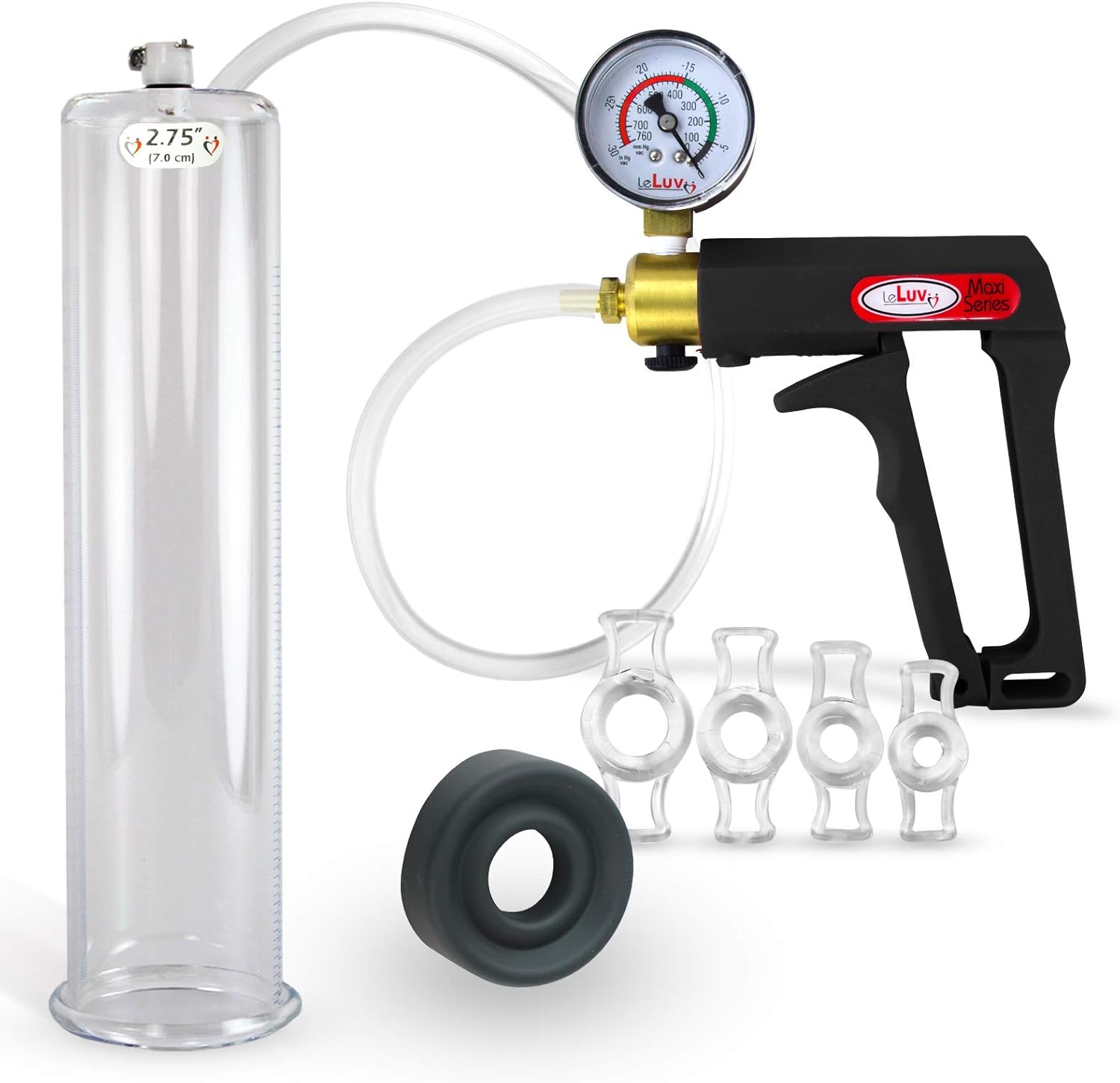 LeLuv Penis Pump Maxi Black Handle Installed Gauge - Bundle with Clear Hose, Vacuum Seal and 4 Sizes of Constriction Rings - 9 inch x 1.75 inch Cylinder