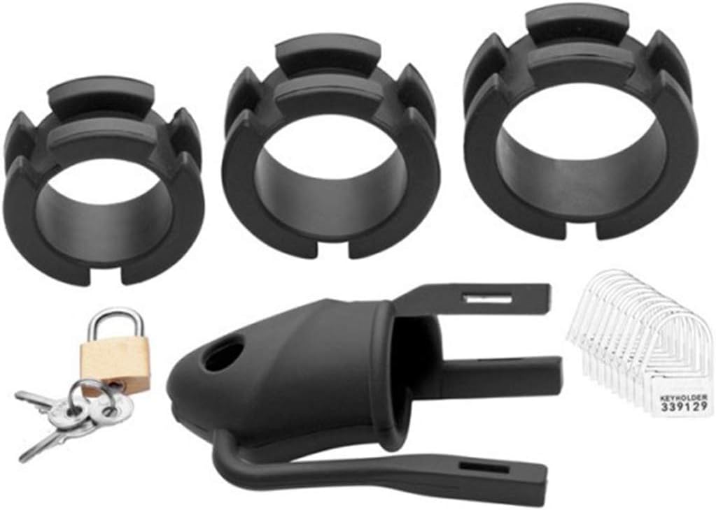 Adult BDSM Adjustable Black Silicone Cock Cage for Men Chastity Devices Male Chastity Locked Cage Sex Toy for Men Restraints Erection (Full Set (3 Rings), Black)
