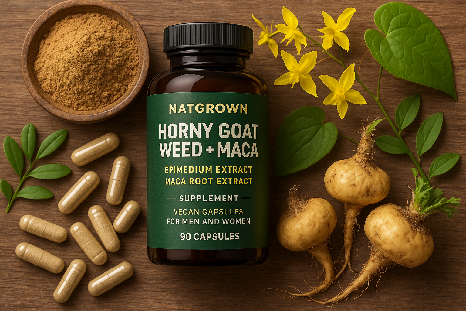 Natgrown Horny Goat Weed and Maca Root Extract Supplement for Men  Women (Epimedium Extract, Hornygoatweed) Vegan Capsules -120 Ct