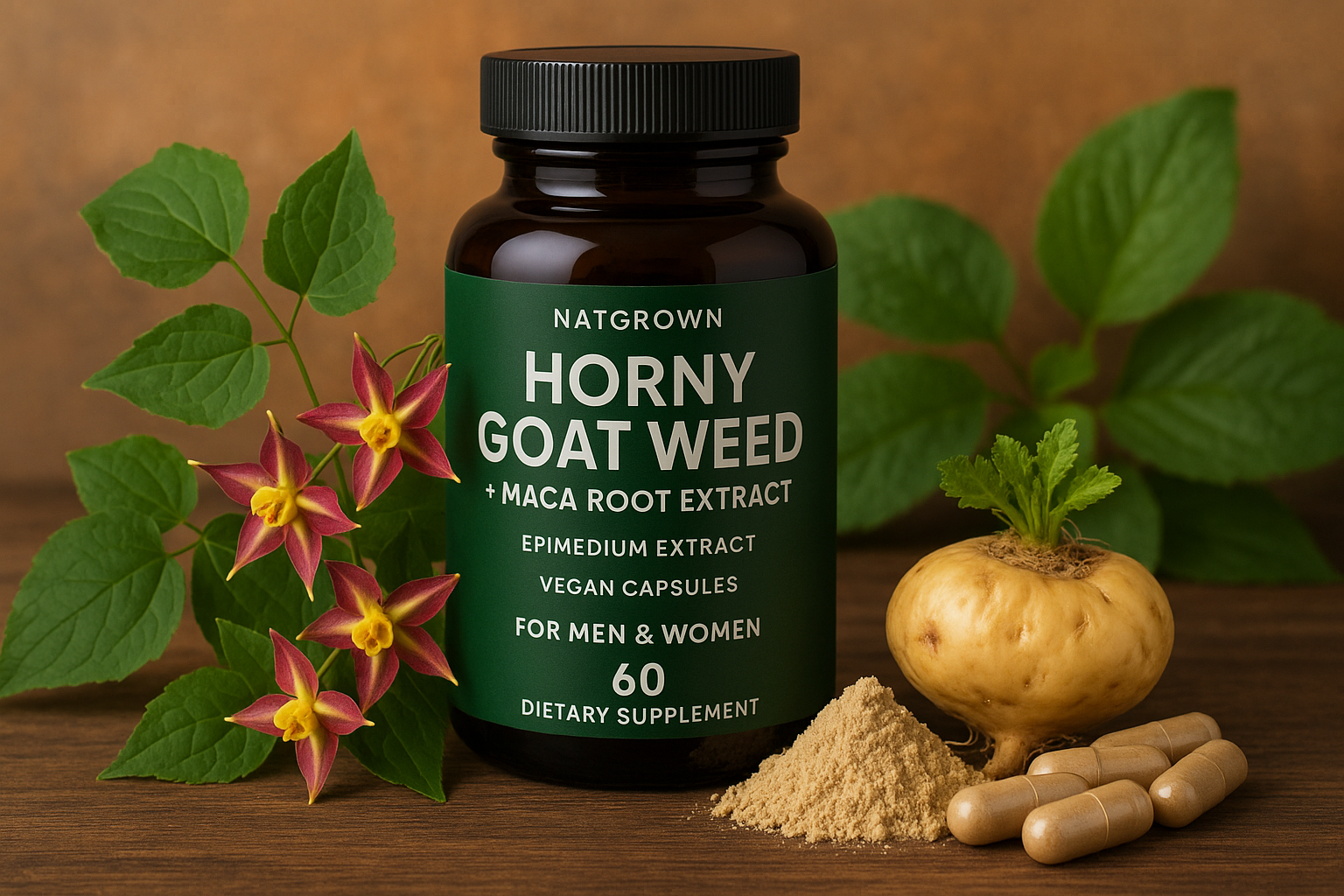 Natgrown Horny Goat Weed and Maca Root Extract Supplement for Men  Women (Epimedium Extract, Hornygoatweed) Vegan Capsules -120 Ct