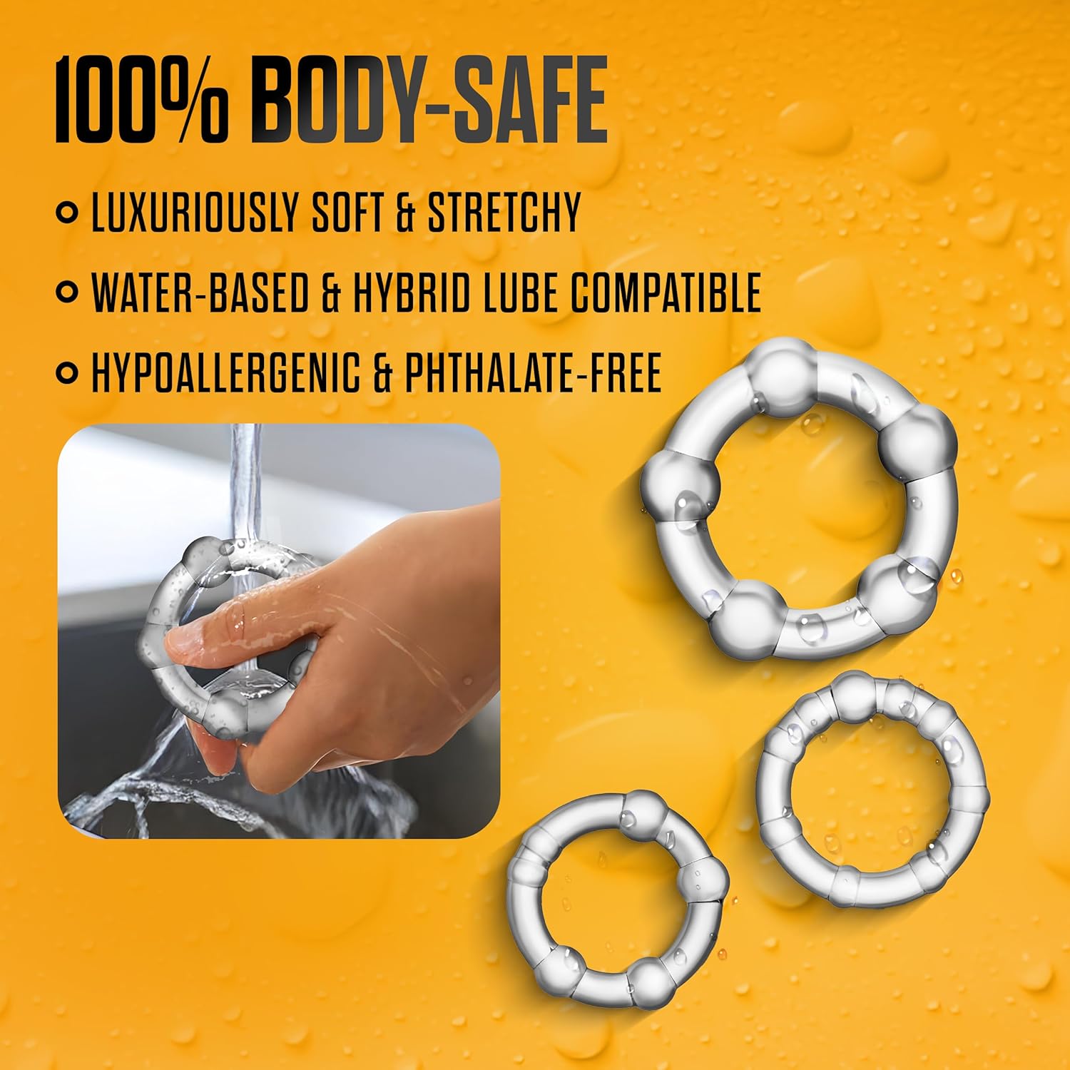 Blush Novelties Adult Sex Toys - Stay Hard Beaded Cock Ring Set - Super Elastic Erection Enhancer Penis Rings - Tear Resistant - One Size Fits All - Sexual Wellness Pleasure for Men, Couples - Clear