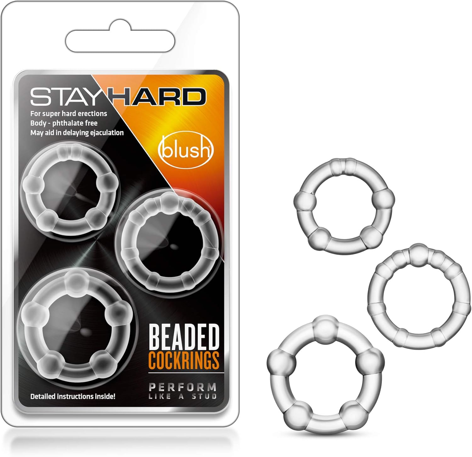 Blush Novelties Adult Sex Toys - Stay Hard Beaded Cock Ring Set - Super Elastic Erection Enhancer Penis Rings - Tear Resistant - One Size Fits All - Sexual Wellness Pleasure for Men, Couples - Clear