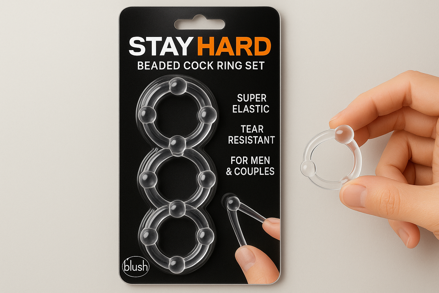 Blush Novelties Adult Sex Toys - Stay Hard Beaded Cock Ring Set - Super Elastic Erection Enhancer Penis Rings - Tear Resistant - One Size Fits All - Sexual Wellness Pleasure for Men, Couples - Clear