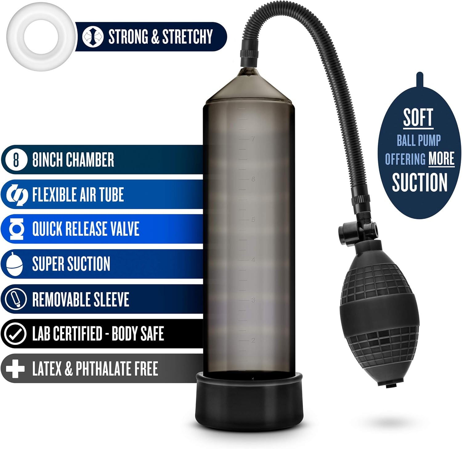 Blush Performance VX101 Beginner Penis Pump - Enhancement Vacuum Pump w/Soft Silicone Tubing Cylinder Sleeve, Powerful Suction Ball w/Stay Hard Cock Ring - Mens Size Gainer Adult Sex Toy - Black