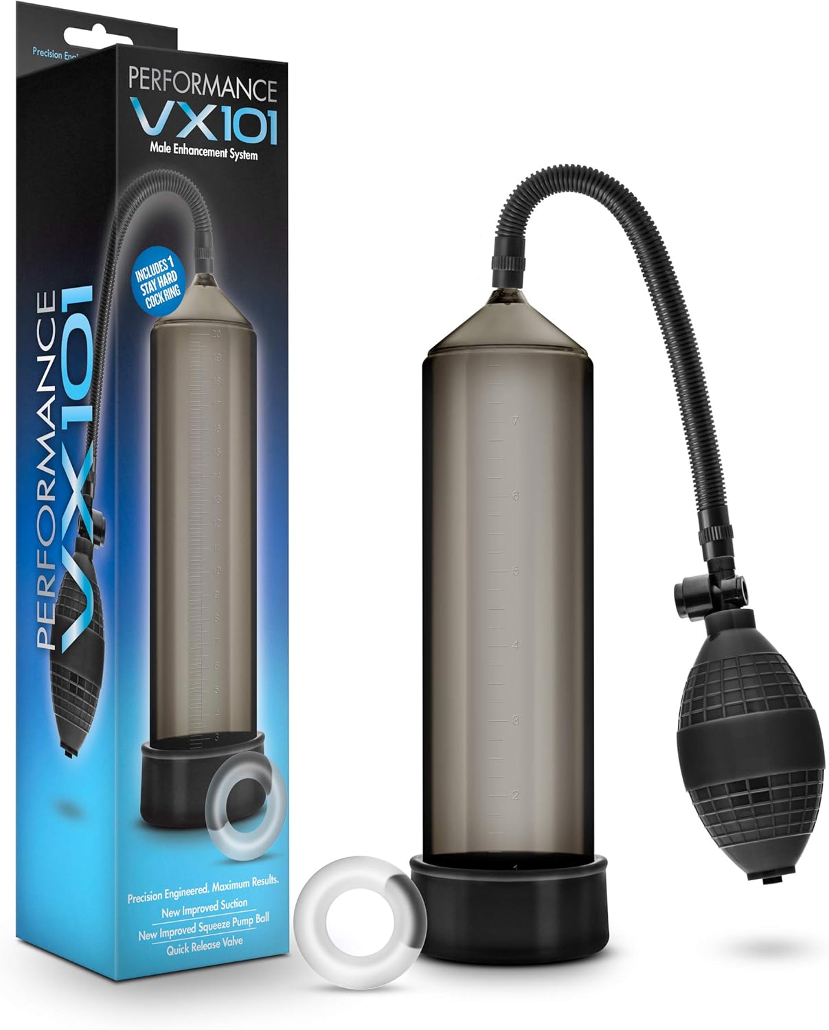 Blush Performance VX101 Beginner Penis Pump - Enhancement Vacuum Pump w/Soft Silicone Tubing Cylinder Sleeve, Powerful Suction Ball w/Stay Hard Cock Ring - Mens Size Gainer Adult Sex Toy - Black