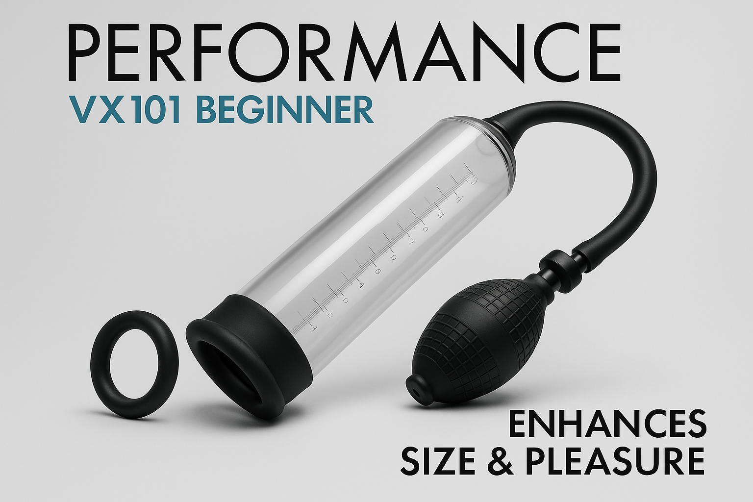 Blush Performance VX101 Beginner Penis Pump - Enhancement Vacuum Pump w/Soft Silicone Tubing Cylinder Sleeve, Powerful Suction Ball w/Stay Hard Cock Ring - Mens Size Gainer Adult Sex Toy - Black