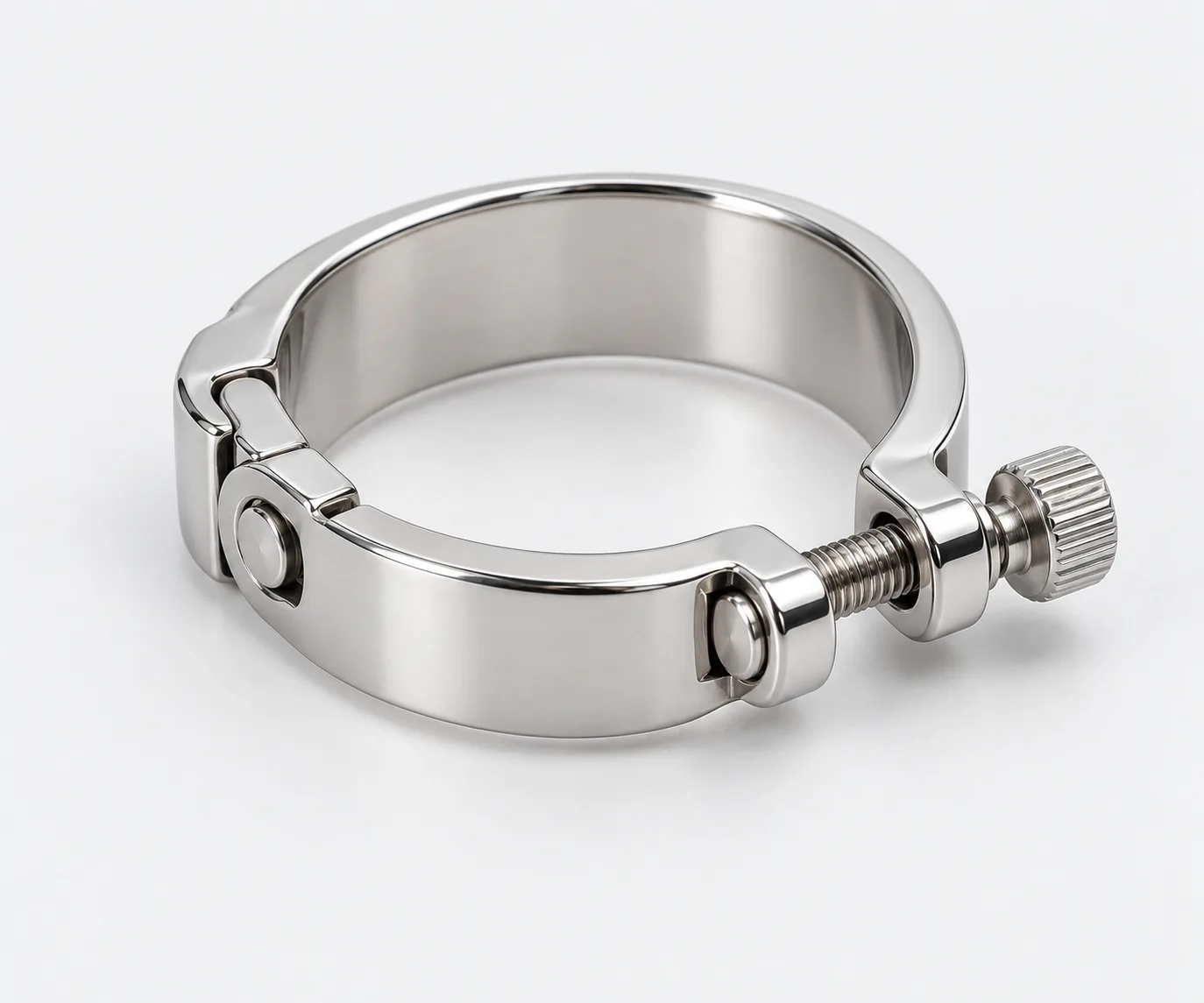 Create a clean, neutral product photograph of an adjustable metal ring with visible screw mechanism, isolated on a soft light background. Show it at a...