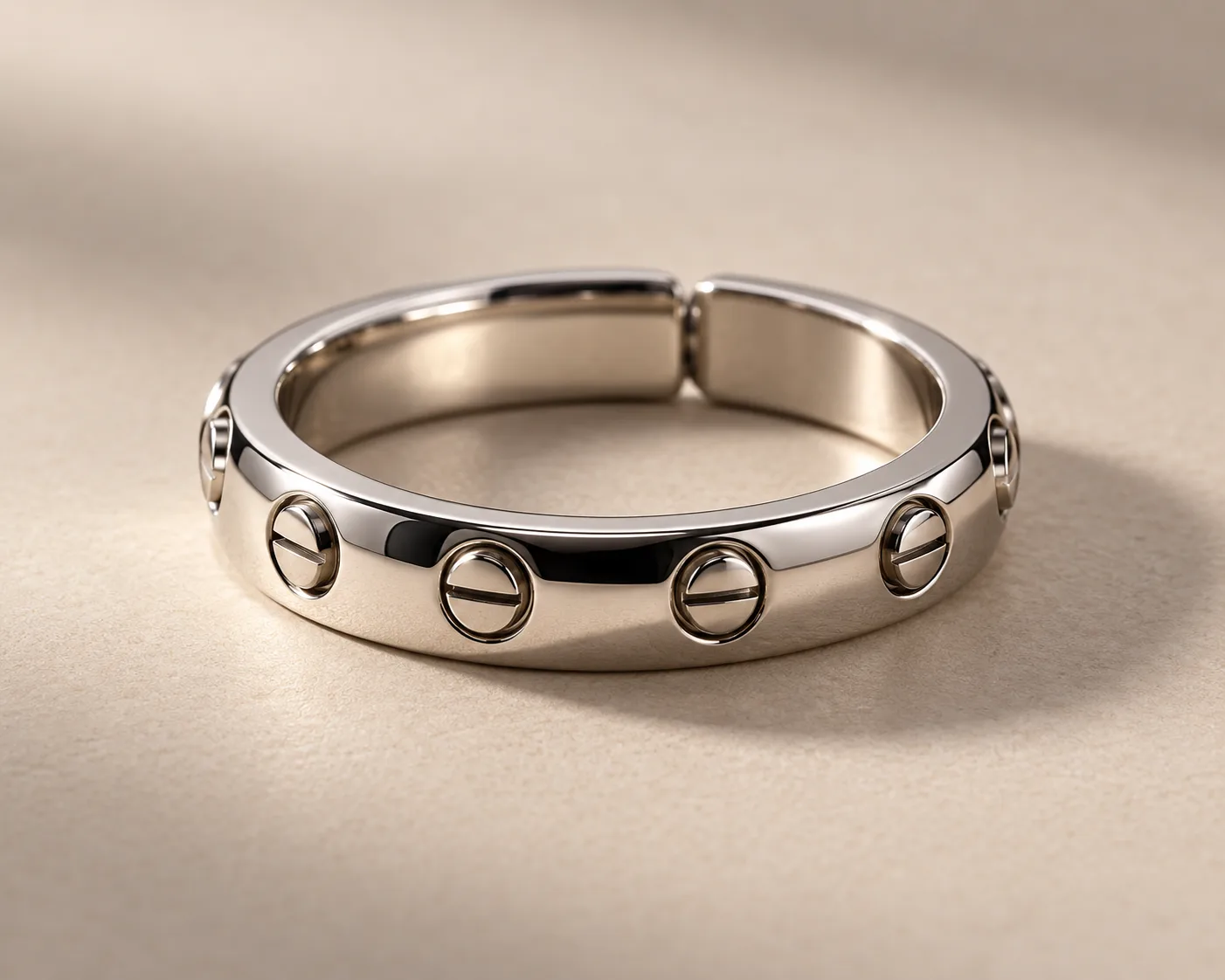 https://www.amazon.com/dp/B0BNX9R2FT - Create a tasteful, non-explicit product photo of a polished stainless-steel adjustable ring with six small screw fittings, resting on a clean neutral...