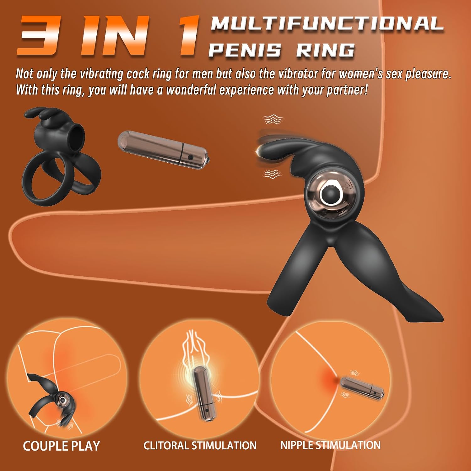 Vibrating Double Cock Ring - Bunny Ears Penis Ring with Vibration Modes for Men Longer Harder Stronger & Testicles